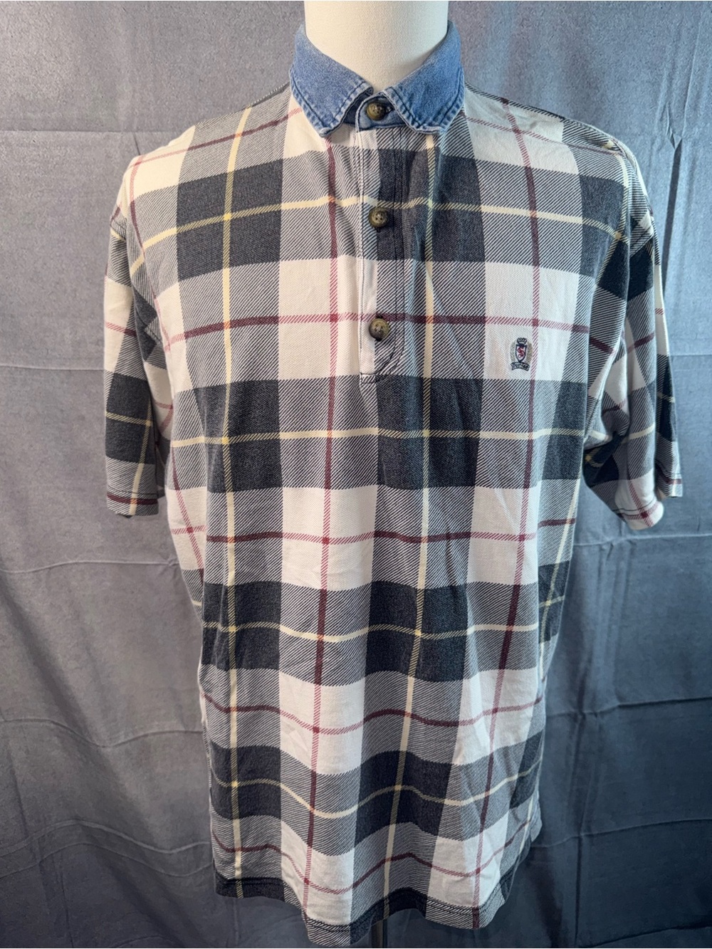 1547-Vintage Siegfried Plaid Short-Sleeve Polo with Denim Collar - White & Gray